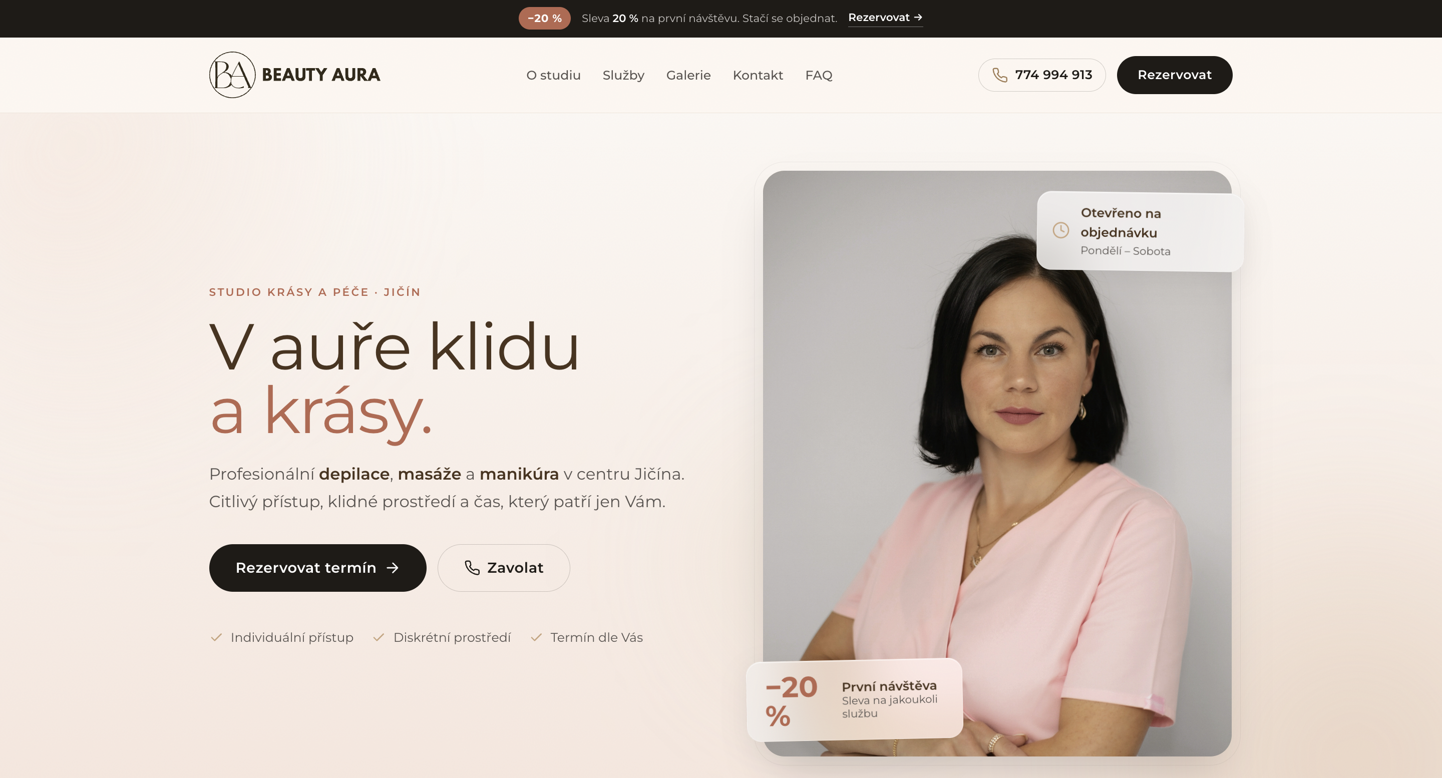 Zvětšený náhled projektu Beauty Aura — web + online rezervace (24/7 bez volání)